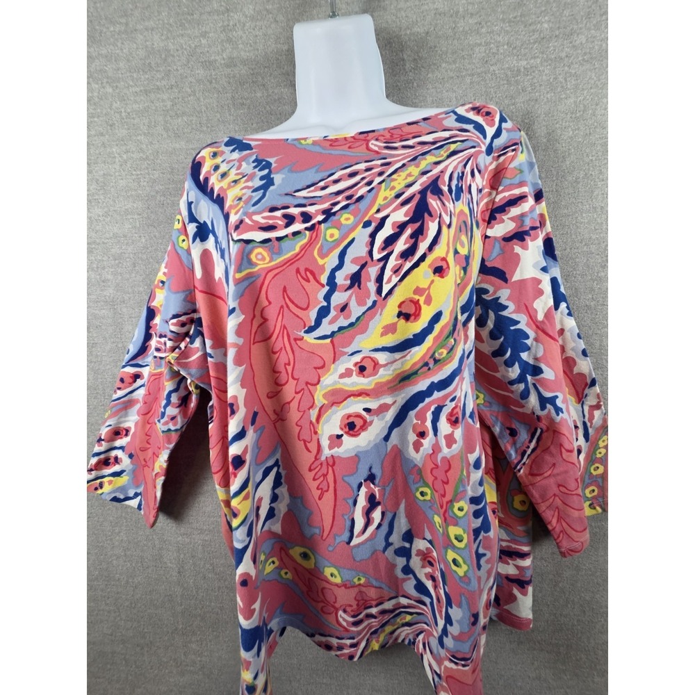 Talbots Tee Knit Top 2X Pink Blue Multicolor Bold Print Stretch Boho Cottagecore